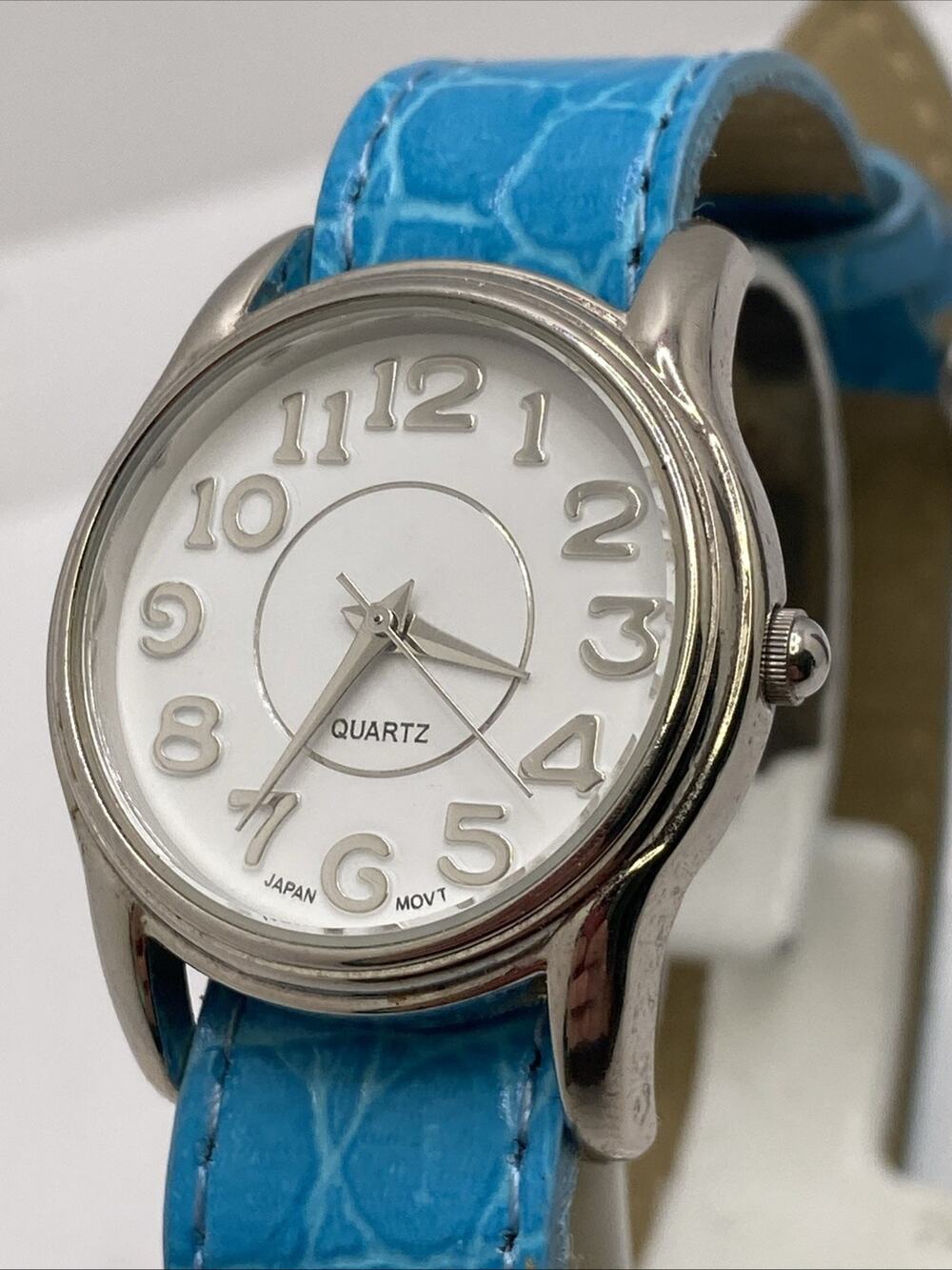 Womens Silver Tone Blue Band Watch New Battery